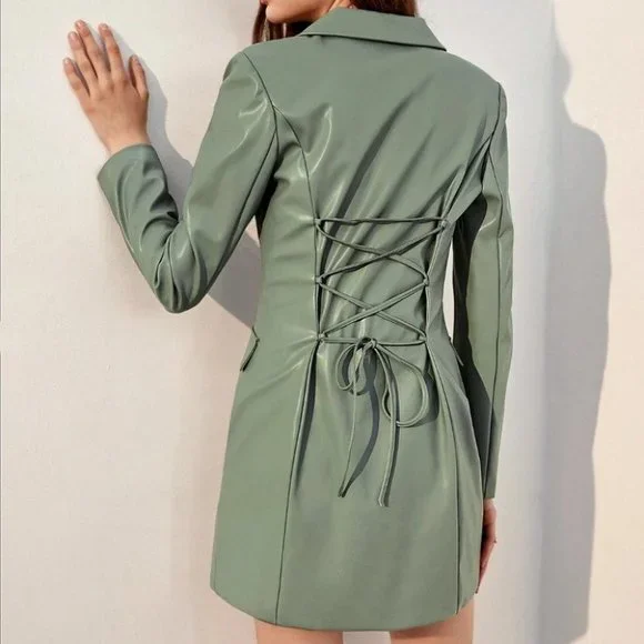 GREEN PU LEATHER DOUBLE BREASTED BACK LACING BLAZER DRESS TRENDING COLOR CHIC - Picture 2 of 6